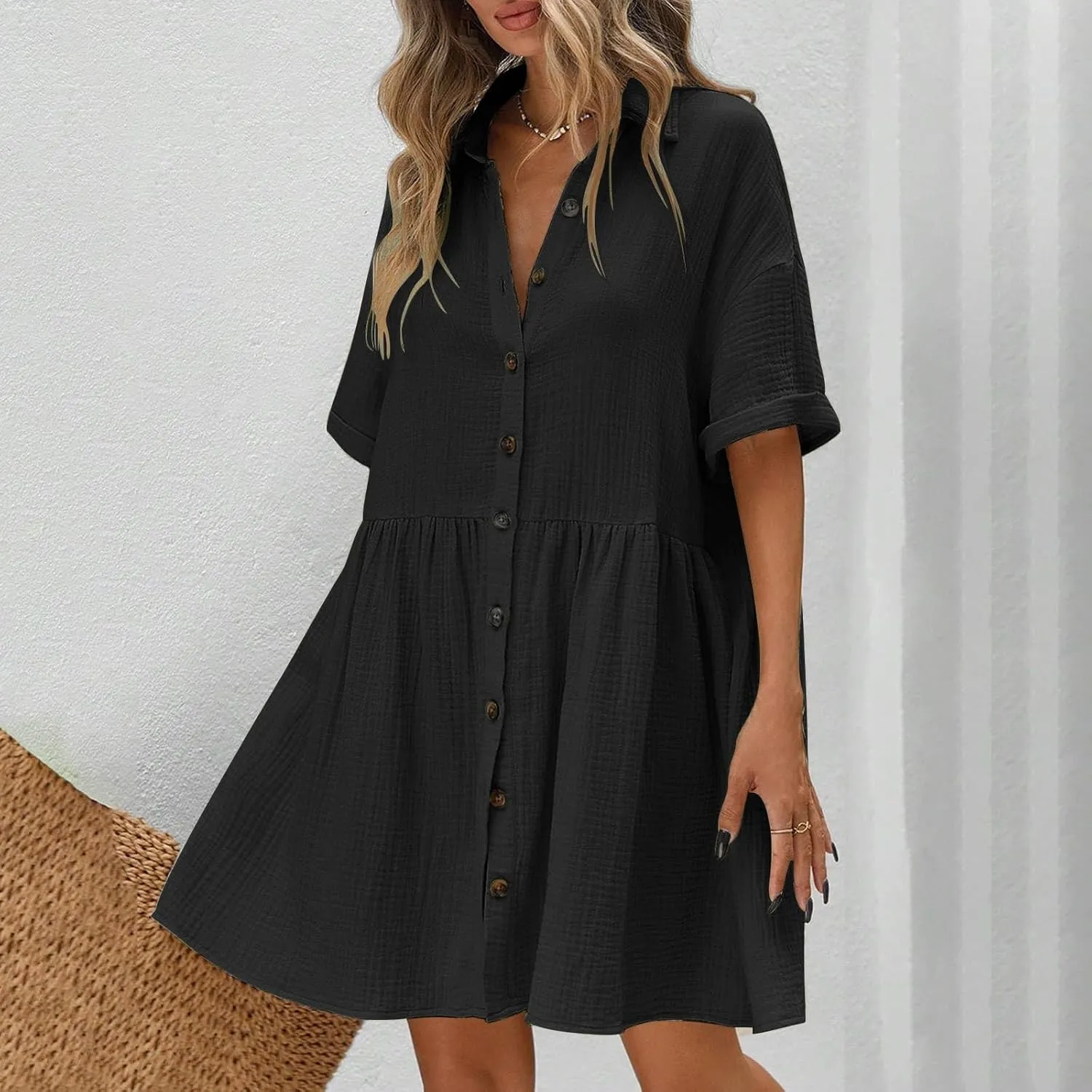 Womens Cotton Linen Short Sleeve Sundress Button Down Mini Shirt Dress 2025 Casual Babydoll Tunic Loose Beach Dresses