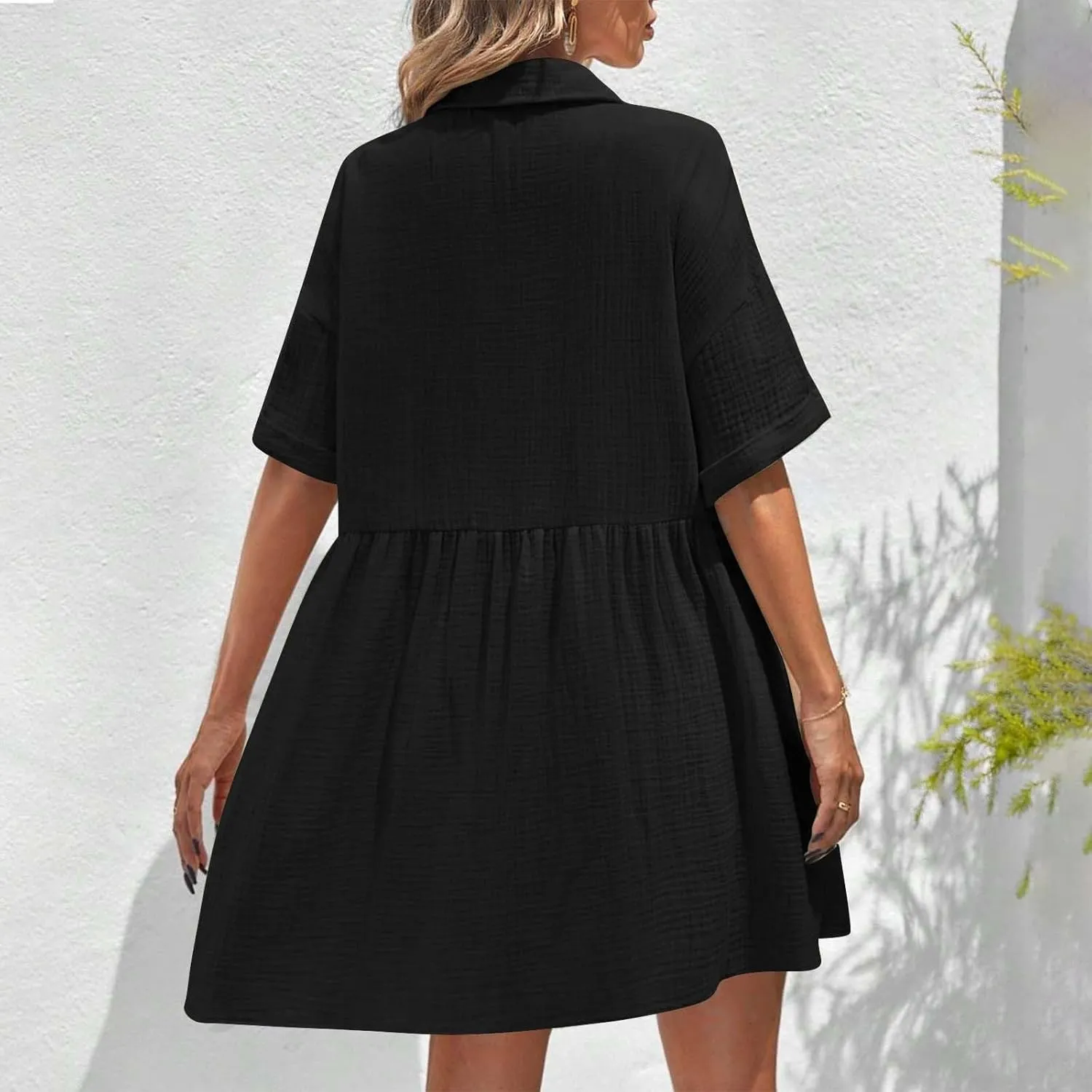 Womens Cotton Linen Short Sleeve Sundress Button Down Mini Shirt Dress 2025 Casual Babydoll Tunic Loose Beach Dresses