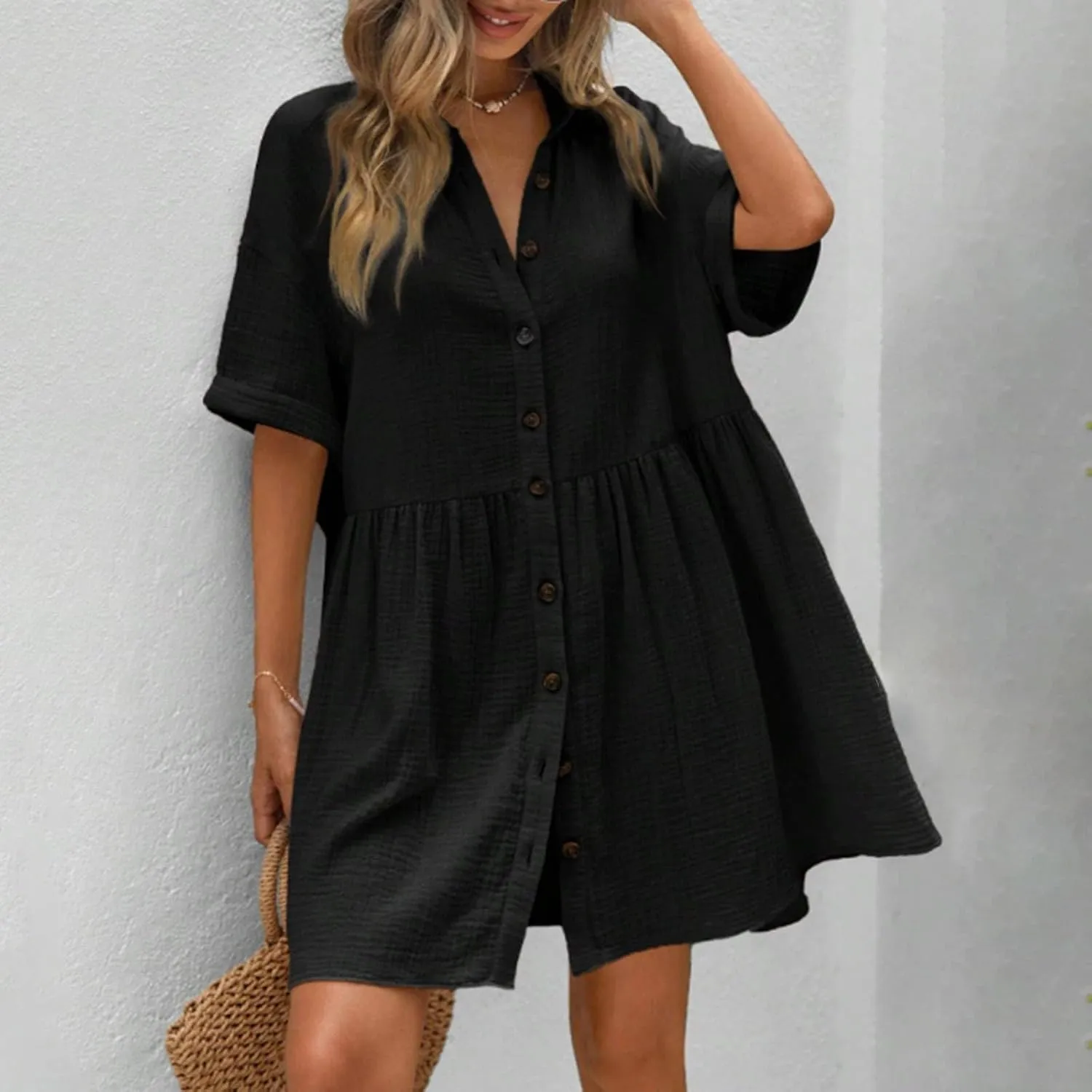 Womens Cotton Linen Short Sleeve Sundress Button Down Mini Shirt Dress 2025 Casual Babydoll Tunic Loose Beach Dresses