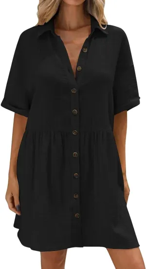 Womens Cotton Linen Short Sleeve Sundress Button Down Mini Shirt Dress 2025 Casual Babydoll Tunic Loose Beach Dresses