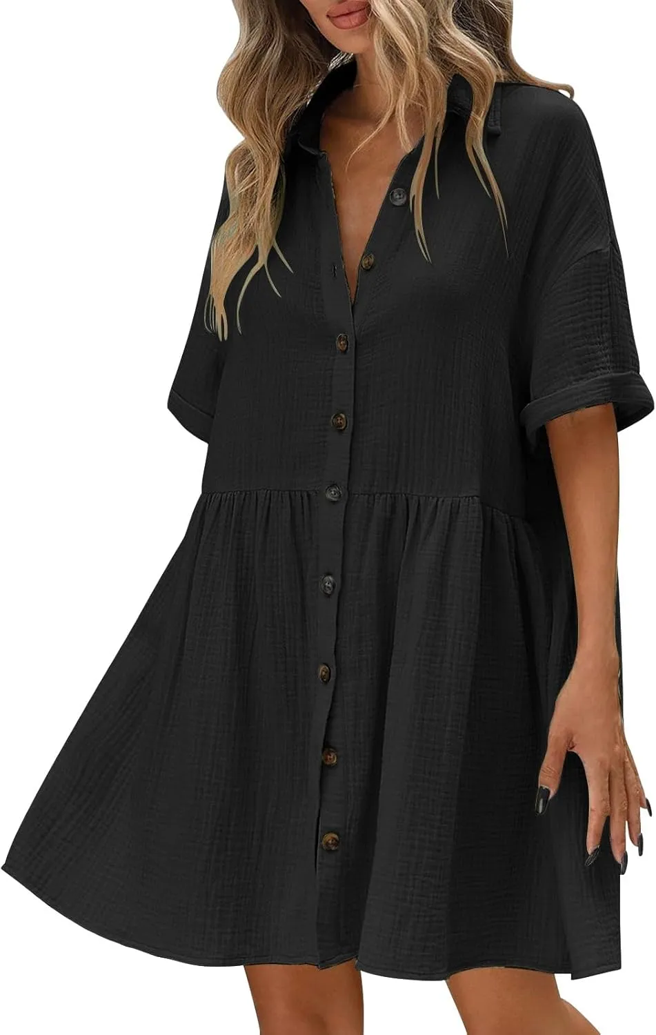 Womens Cotton Linen Short Sleeve Sundress Button Down Mini Shirt Dress 2025 Casual Babydoll Tunic Loose Beach Dresses