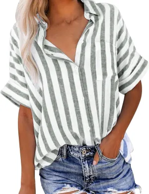 Womens Cotton Linen Stripes Shirts with Pockets Short Sleeve Button Down Summer Tops Collar V Neck Casual Loose Blouse