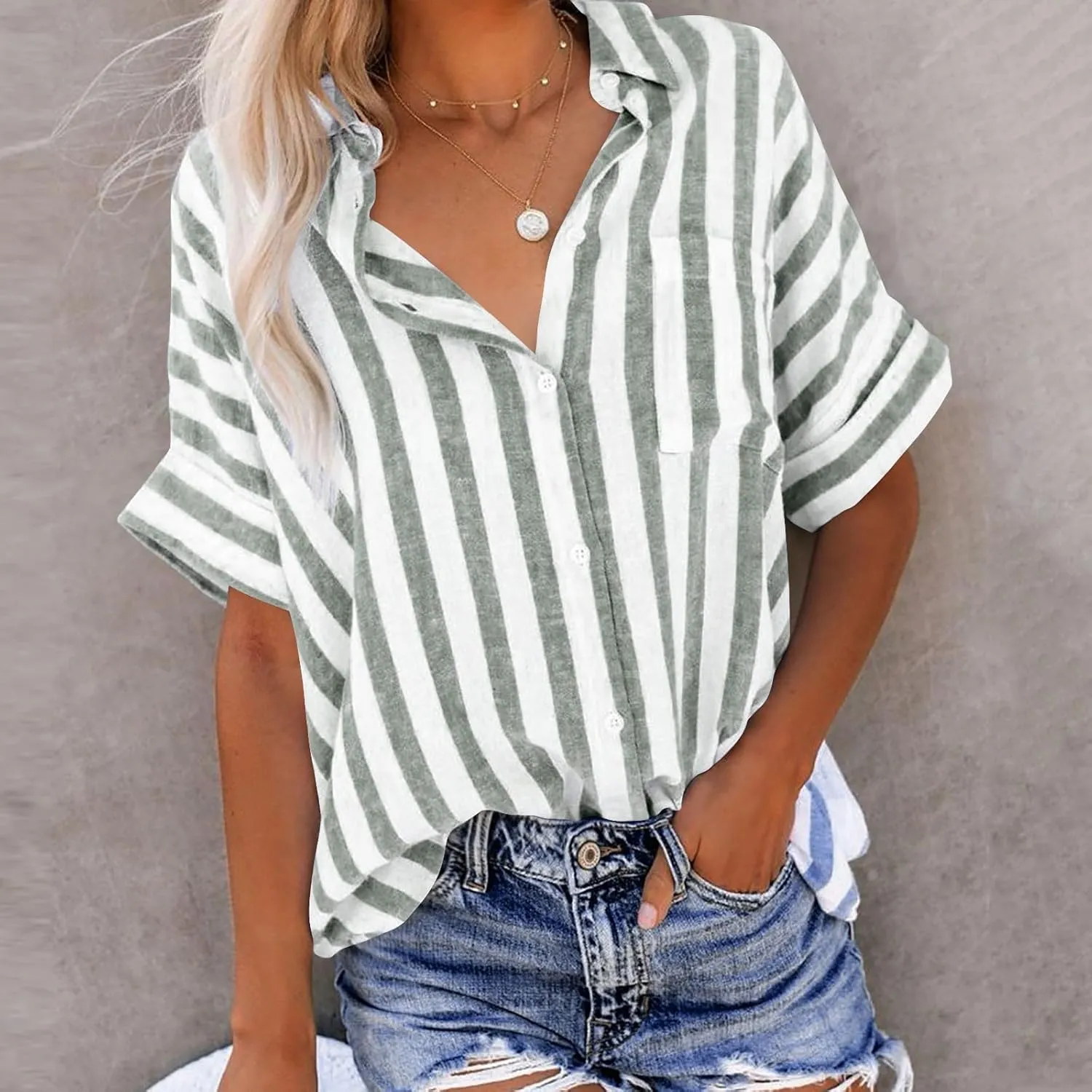 Womens Cotton Linen Stripes Shirts with Pockets Short Sleeve Button Down Summer Tops Collar V Neck Casual Loose Blouse