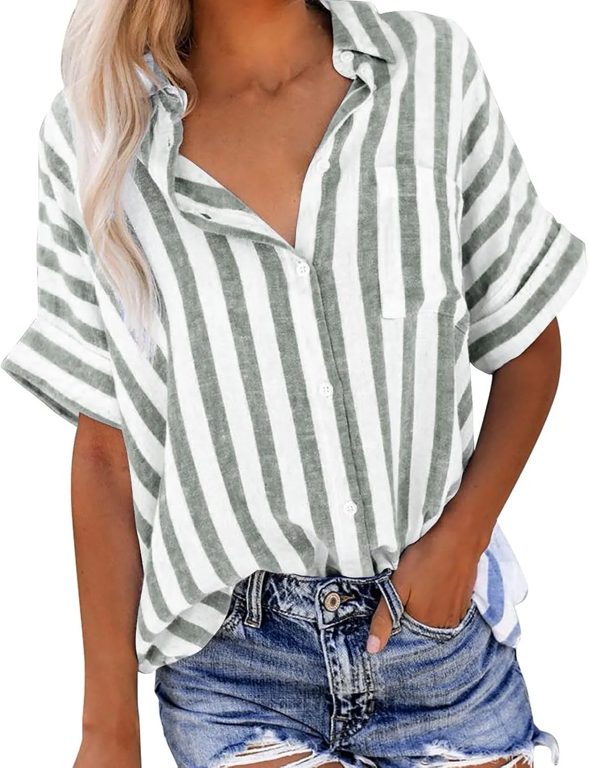 Womens Cotton Linen Stripes Shirts with Pockets Short Sleeve Button Down Summer Tops Collar V Neck Casual Loose Blouse