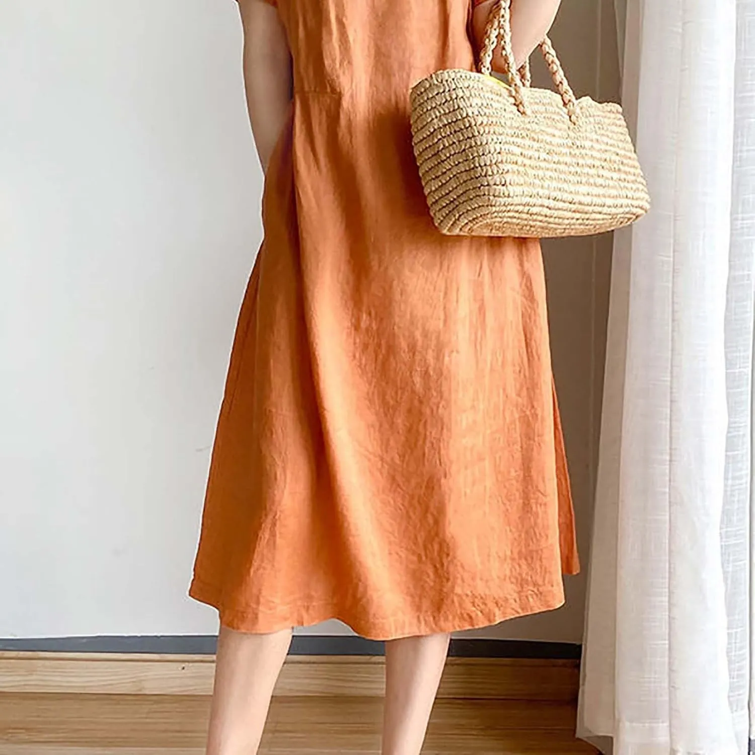 Women's Cotton Midi Dress Plus Size Short Sleeve Sundress Baggy Summer Daily Maxi Vacation Dresses with Pockets