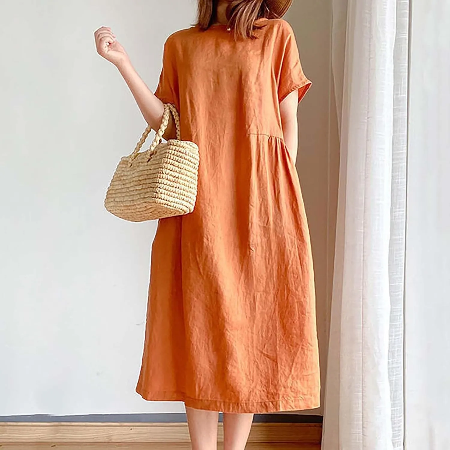 Women's Cotton Midi Dress Plus Size Short Sleeve Sundress Baggy Summer Daily Maxi Vacation Dresses with Pockets
