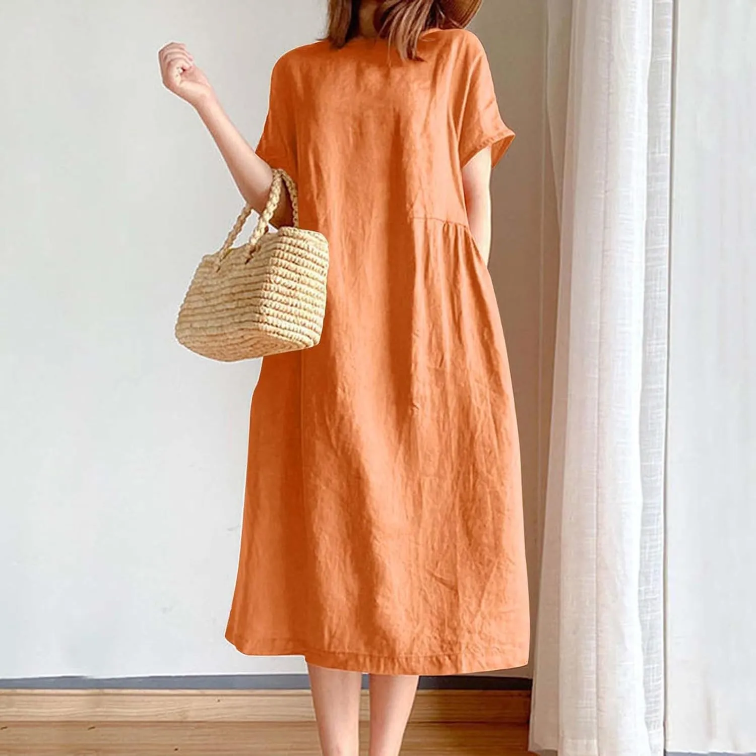 Women's Cotton Midi Dress Plus Size Short Sleeve Sundress Baggy Summer Daily Maxi Vacation Dresses with Pockets