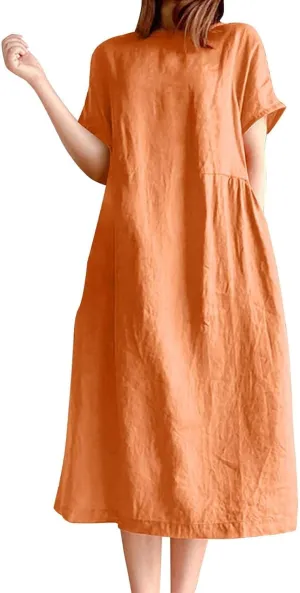 Women's Cotton Midi Dress Plus Size Short Sleeve Sundress Baggy Summer Daily Maxi Vacation Dresses with Pockets
