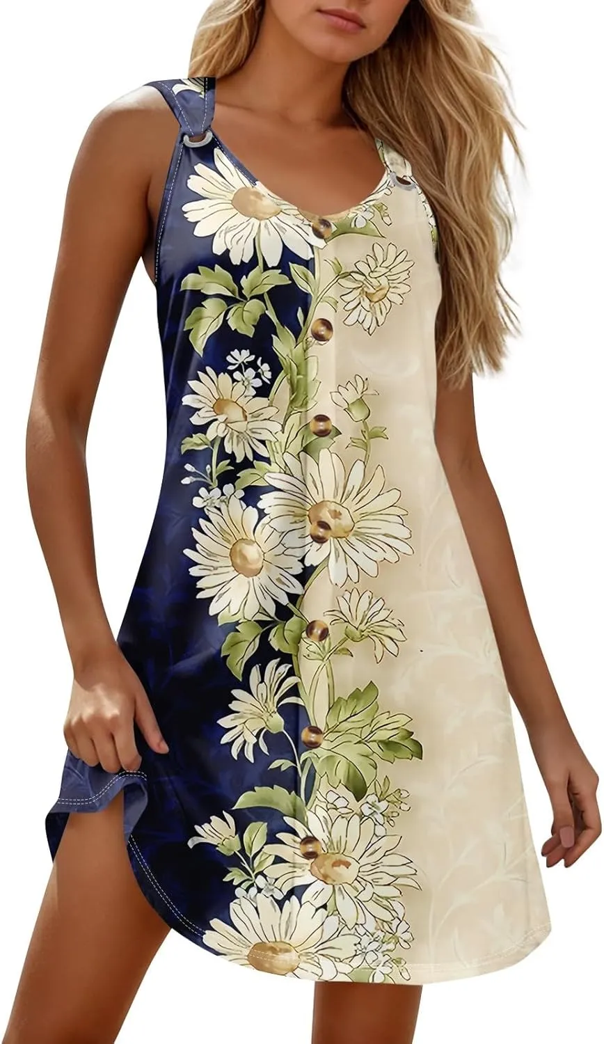 Womens Dresses Casual Plus Size Mini Dress Button Down Tank Dress Summer Clothes V Neck Sleeveless Sundress