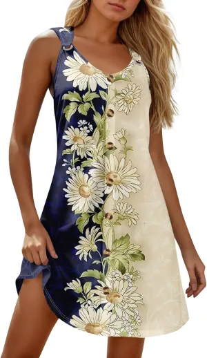 Womens Dresses Casual Plus Size Mini Dress Button Down Tank Dress Summer Clothes V Neck Sleeveless Sundress
