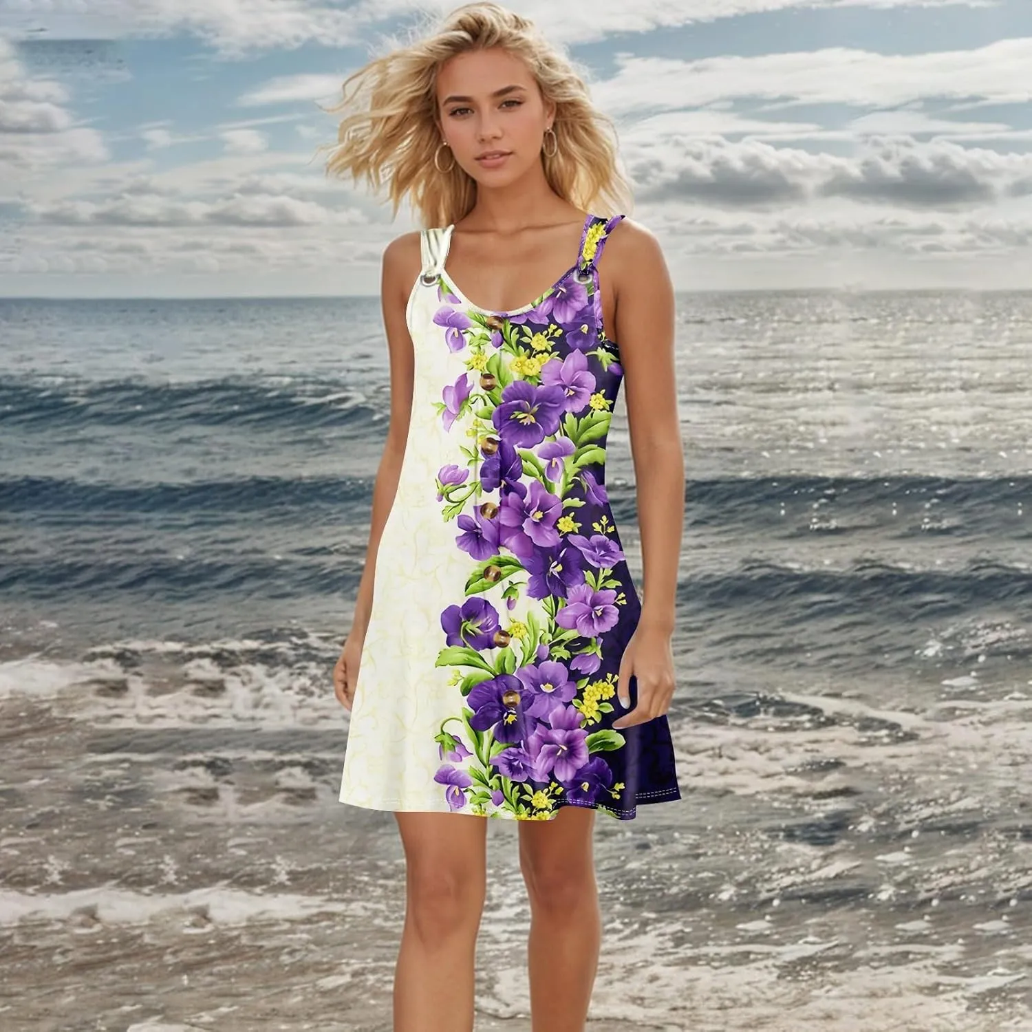 Womens Dresses Casual Plus Size Mini Dress Button Down Tank Dress V Neck Sleeveless Sundress Summer Clothes