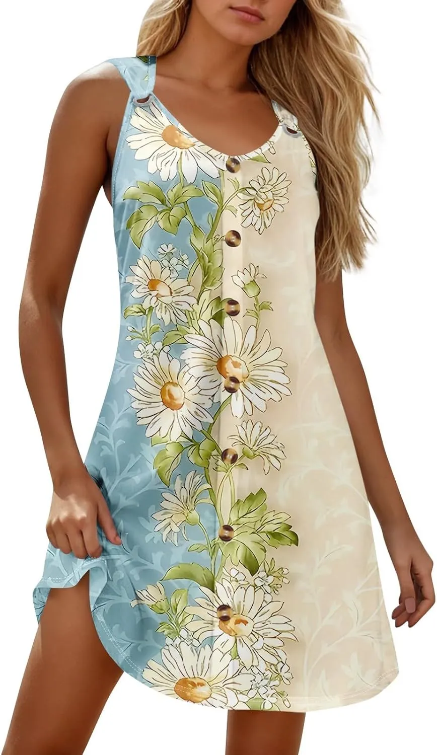 Womens Dresses Casual Plus Size Mini Dress Button Down Tank Dress V Neck Sleeveless Sundress Summer Clothes