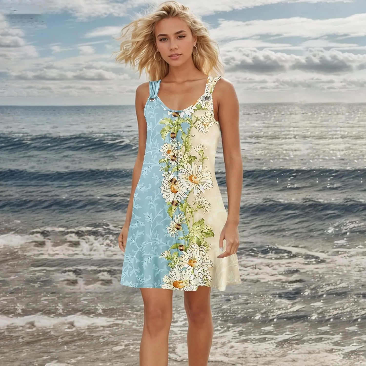 Womens Dresses Casual Plus Size Mini Dress Button Down Tank Dress V Neck Sleeveless Sundress Summer Clothes