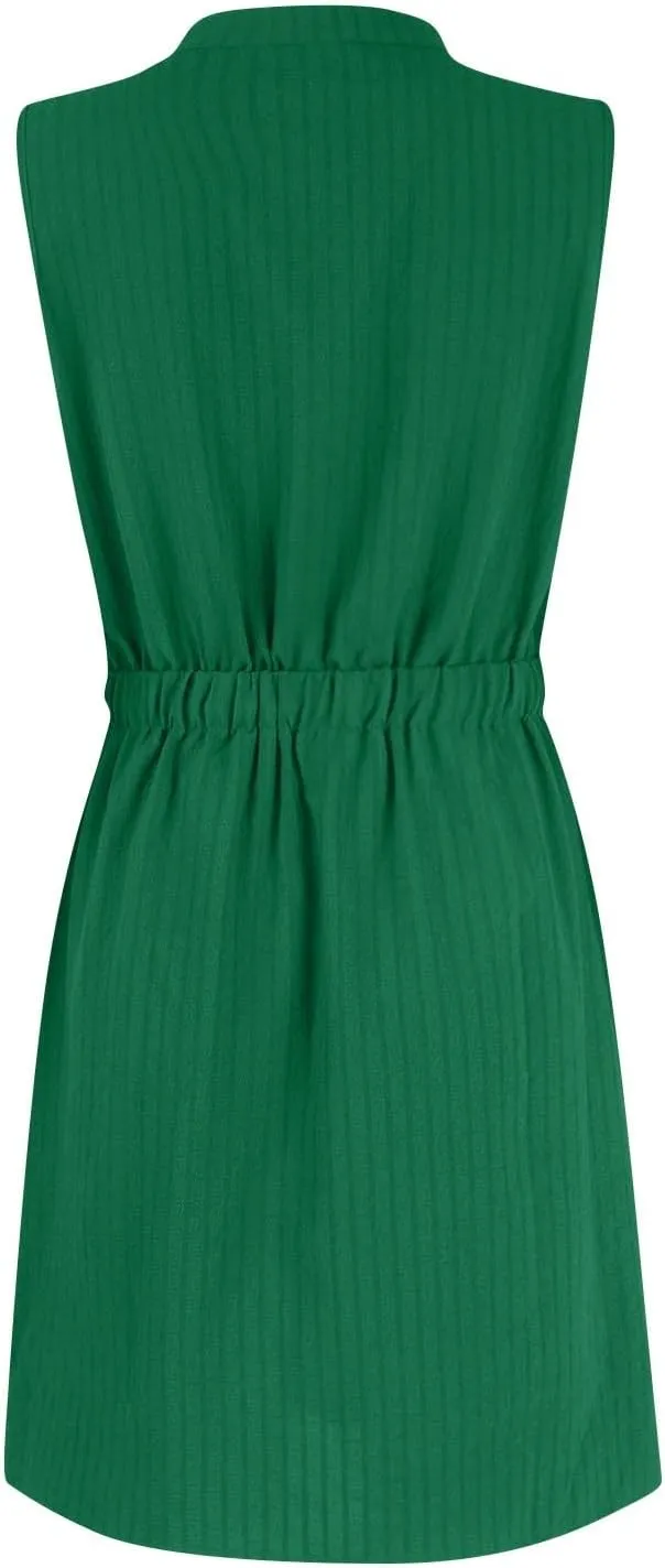 Womens Dresses Summer 2024 Trendy Sleeveless Dress Button V Neck Dress Drawstring Midi Dress Beach Sun Dresses