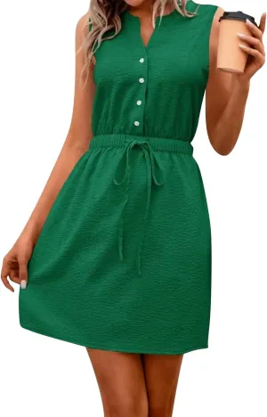 Womens Dresses Summer 2024 Trendy Sleeveless Dress Button V Neck Dress Drawstring Midi Dress Beach Sun Dresses