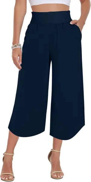 Women's Dressy Capri Pants Stylish Wide Leg Trousers with Pockets High Waist Casual Below Knee Wide Leg Shorts