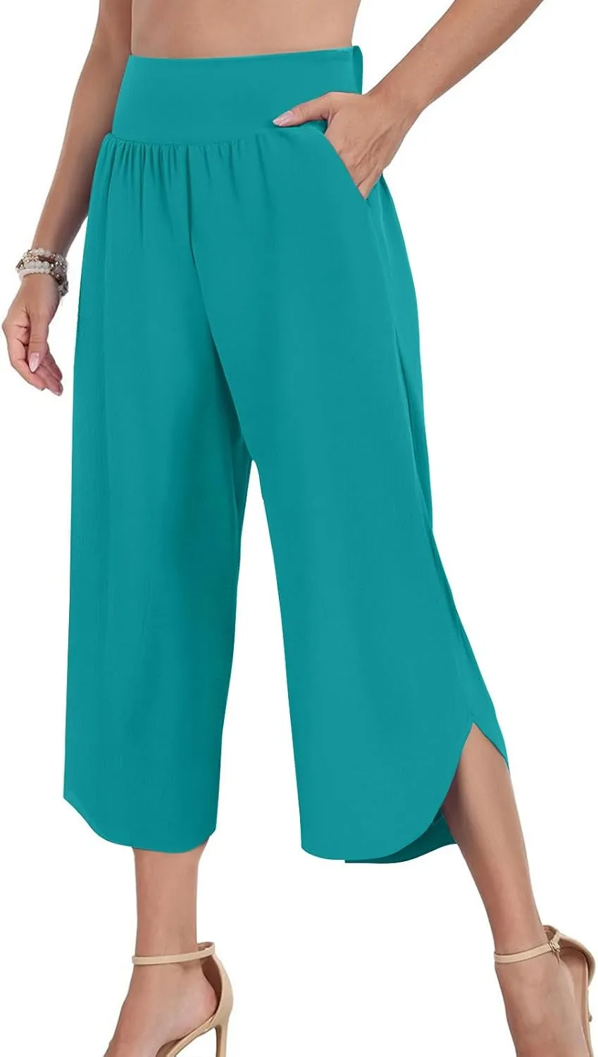 Women's Dressy Capri Pants Stylish Wide Leg Trousers with Pockets High Waist Casual Below Knee Wide Leg Shorts