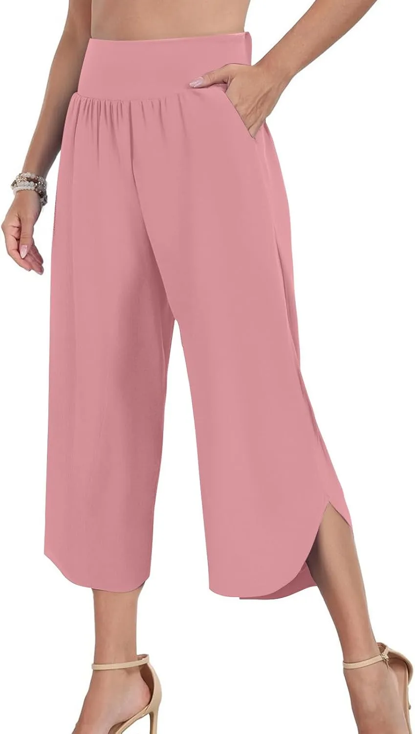 Women's Dressy Capri Pants Stylish Wide Leg Trousers with Pockets High Waist Casual Below Knee Wide Leg Shorts