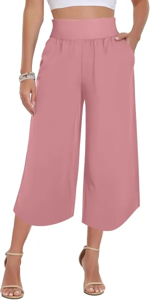 Women's Dressy Capri Pants Stylish Wide Leg Trousers with Pockets High Waist Casual Below Knee Wide Leg Shorts