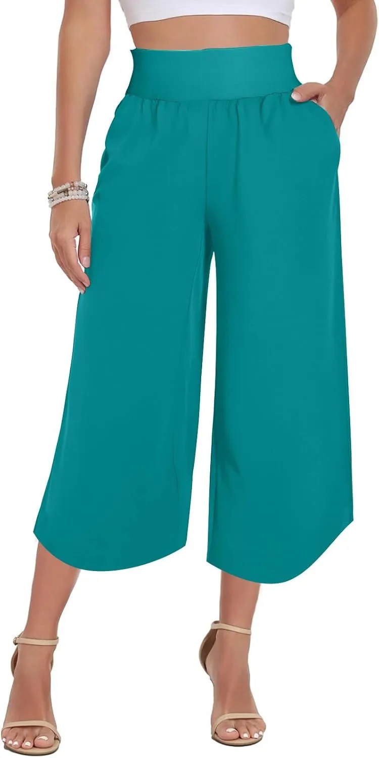 Women's Dressy Capri Pants Stylish Wide Leg Trousers with Pockets High Waist Casual Below Knee Wide Leg Shorts