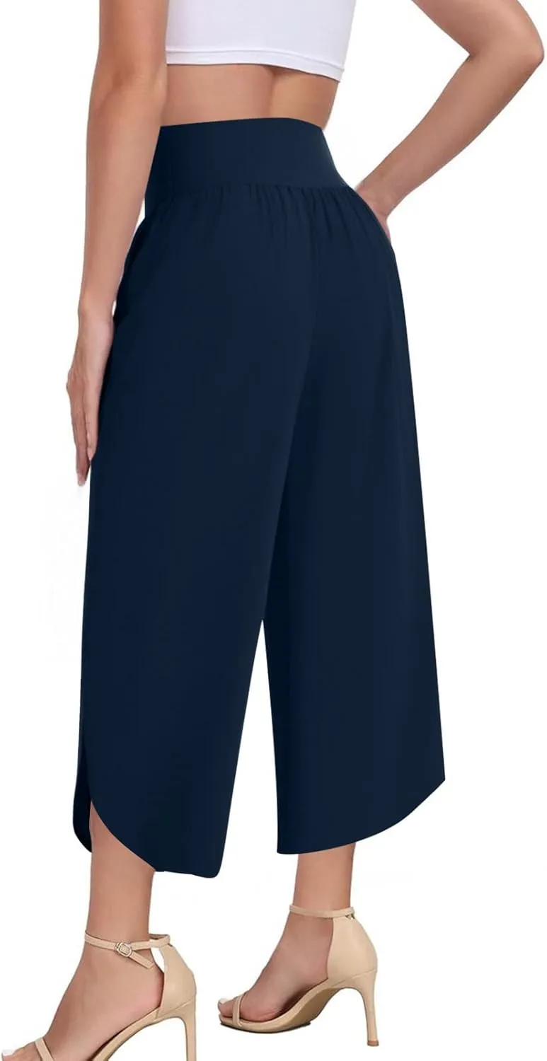 Women's Dressy Capri Pants Stylish Wide Leg Trousers with Pockets High Waist Casual Below Knee Wide Leg Shorts