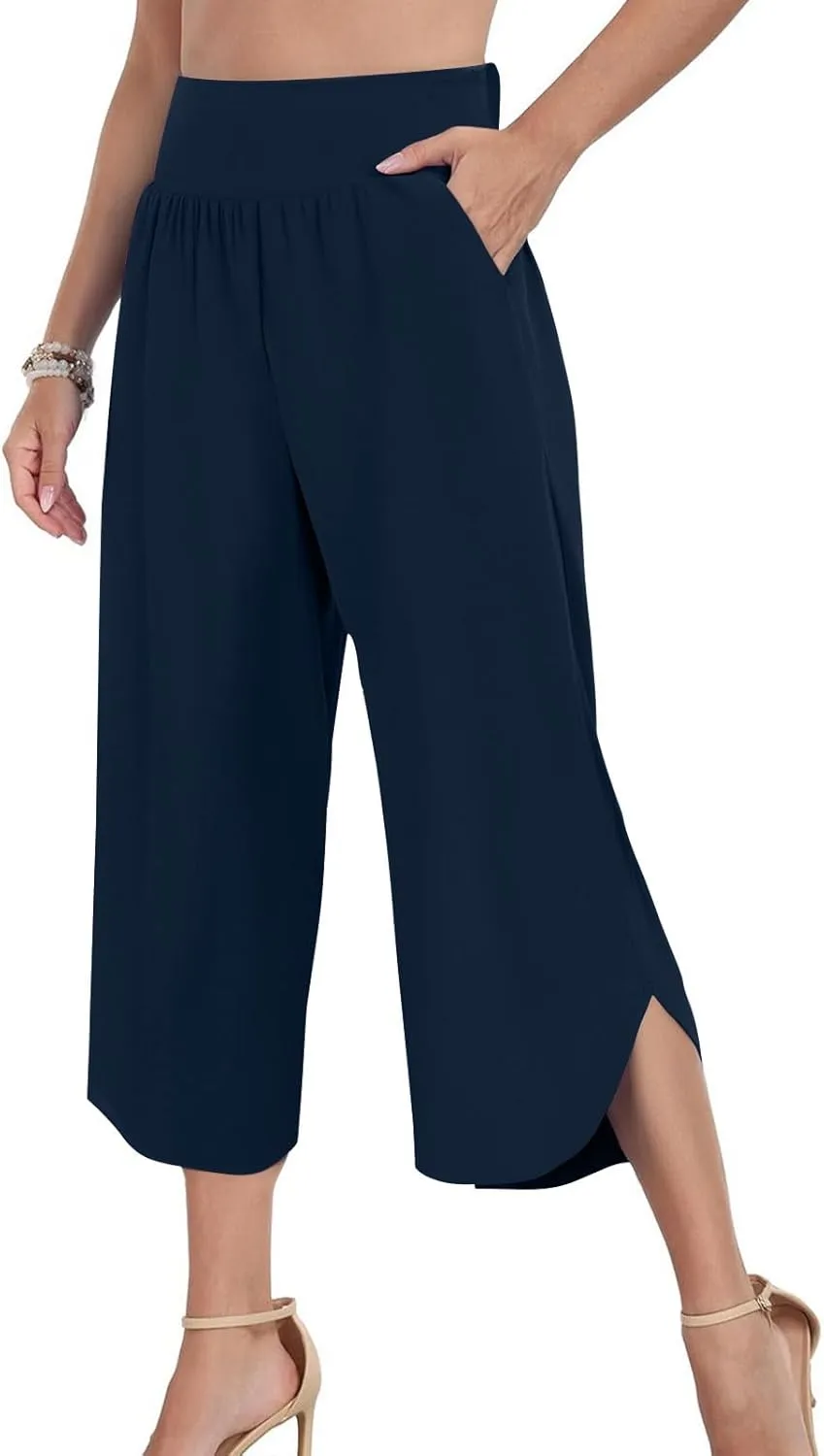 Women's Dressy Capri Pants Stylish Wide Leg Trousers with Pockets High Waist Casual Below Knee Wide Leg Shorts