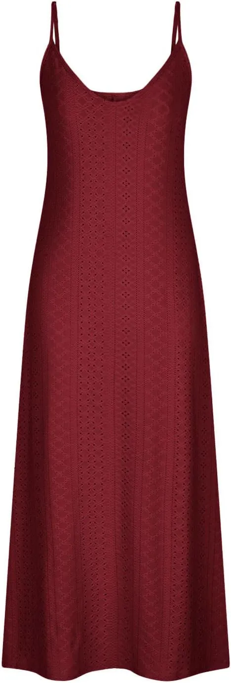 Womens Eyelet Embroidered Sleeveless Maxi Dress 2025 Summer Casual Solid Color V Neck Spaghetti Strap Sundress