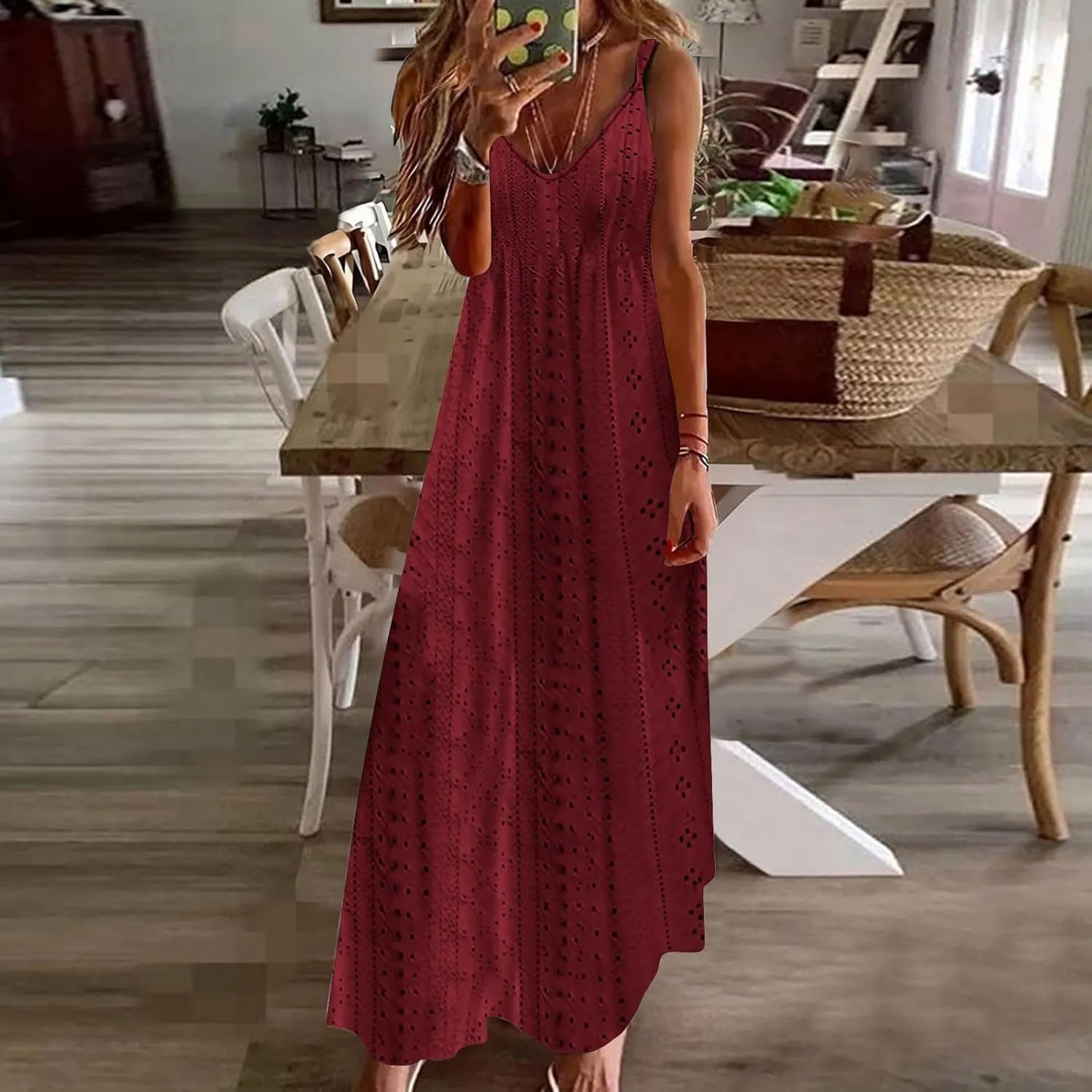 Womens Eyelet Embroidered Sleeveless Maxi Dress 2025 Summer Casual Solid Color V Neck Spaghetti Strap Sundress