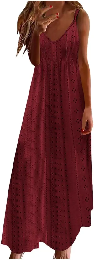 Womens Eyelet Embroidered Sleeveless Maxi Dress 2025 Summer Casual Solid Color V Neck Spaghetti Strap Sundress