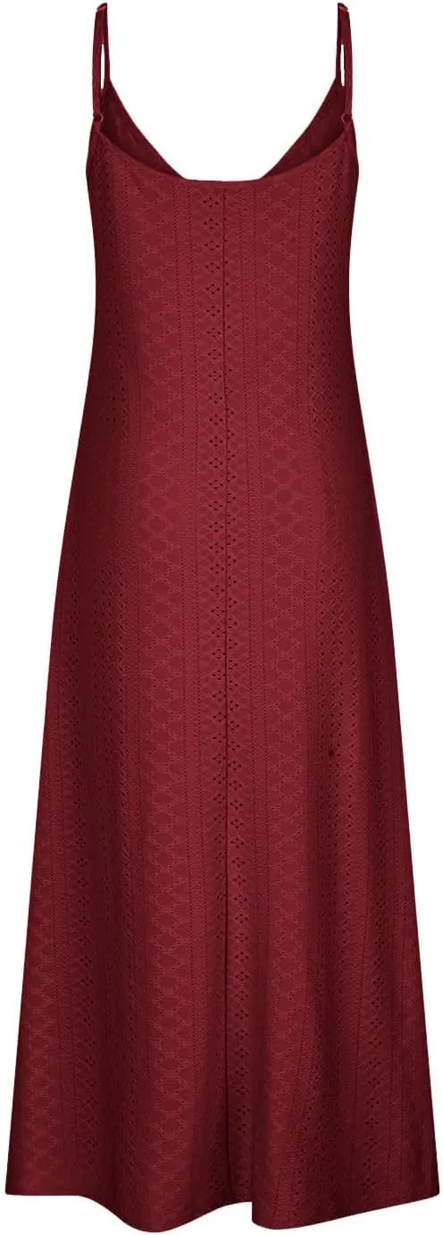 Womens Eyelet Embroidered Sleeveless Maxi Dress 2025 Summer Casual Solid Color V Neck Spaghetti Strap Sundress