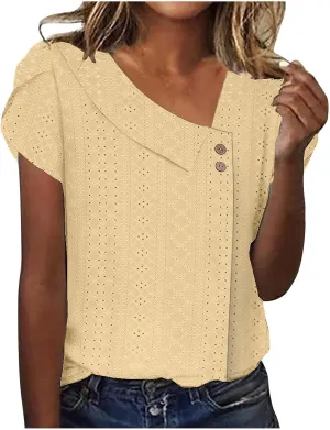 Womens Eyelet Tops Summer Casual Short Petal Sleeve Asymmetrical Neck Collared Button Front Blouses Hollow Out Tunic