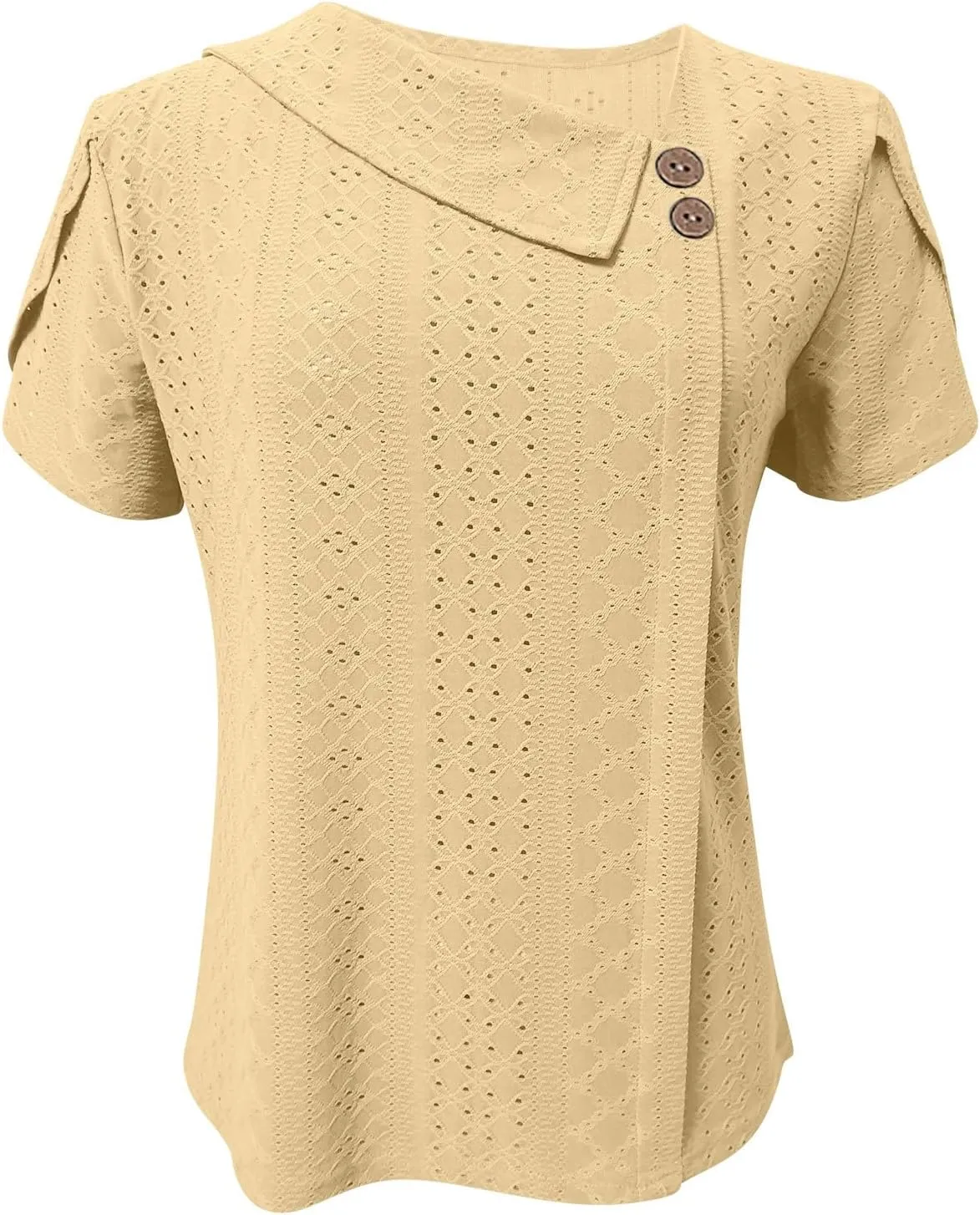 Womens Eyelet Tops Summer Casual Short Petal Sleeve Asymmetrical Neck Collared Button Front Blouses Hollow Out Tunic