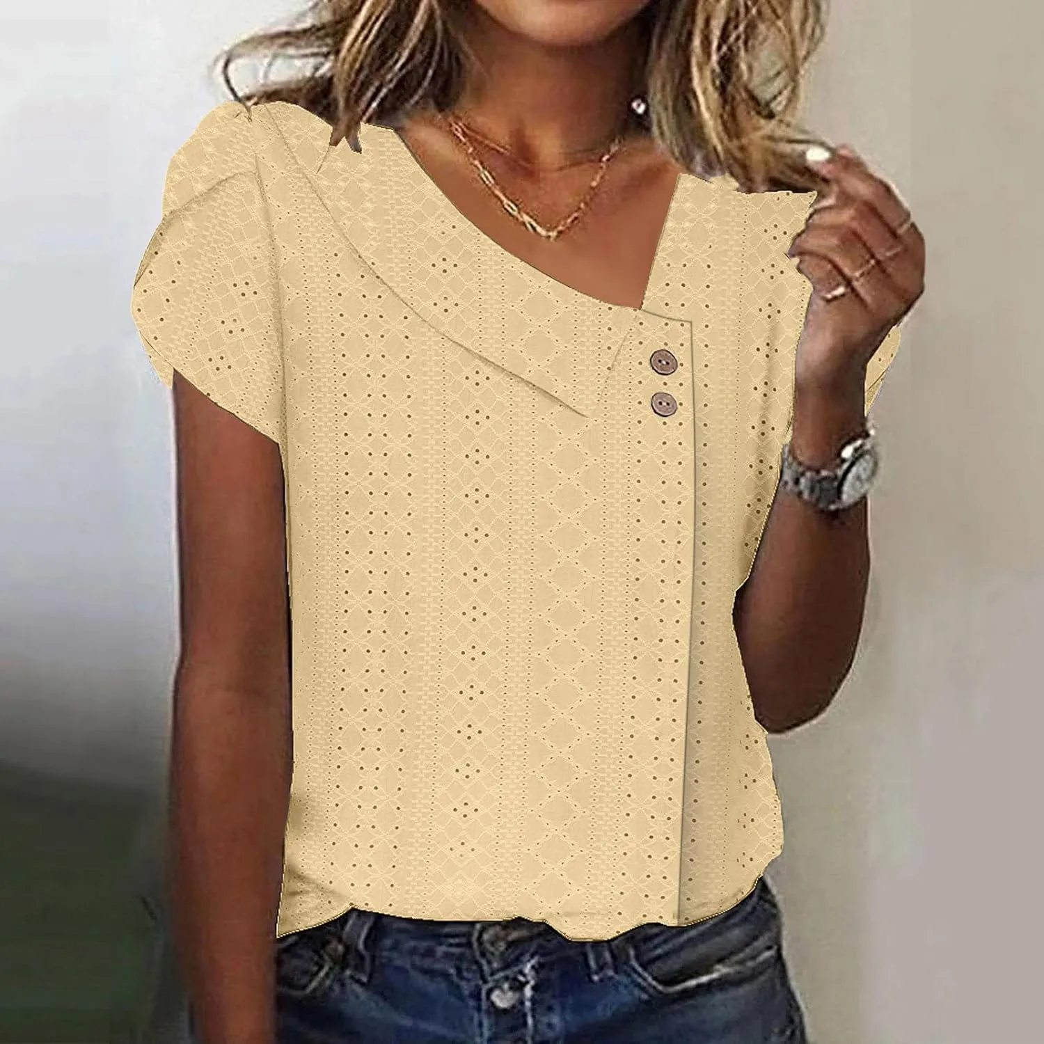 Womens Eyelet Tops Summer Casual Short Petal Sleeve Asymmetrical Neck Collared Button Front Blouses Hollow Out Tunic