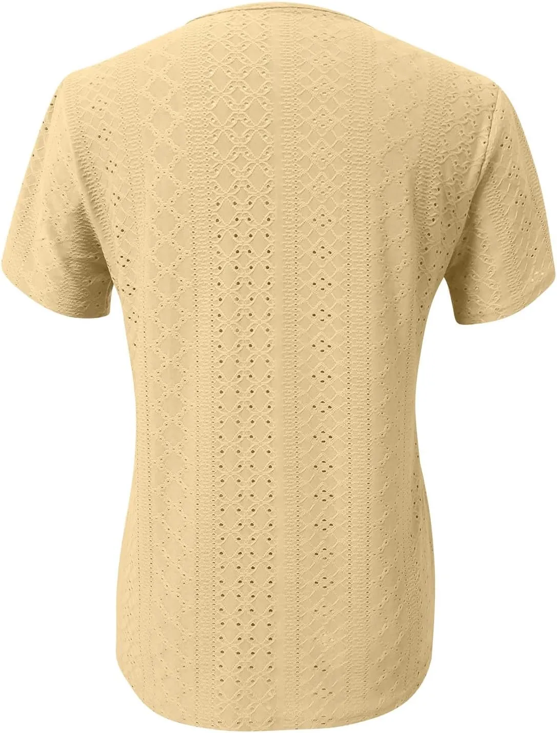 Womens Eyelet Tops Summer Casual Short Petal Sleeve Asymmetrical Neck Collared Button Front Blouses Hollow Out Tunic