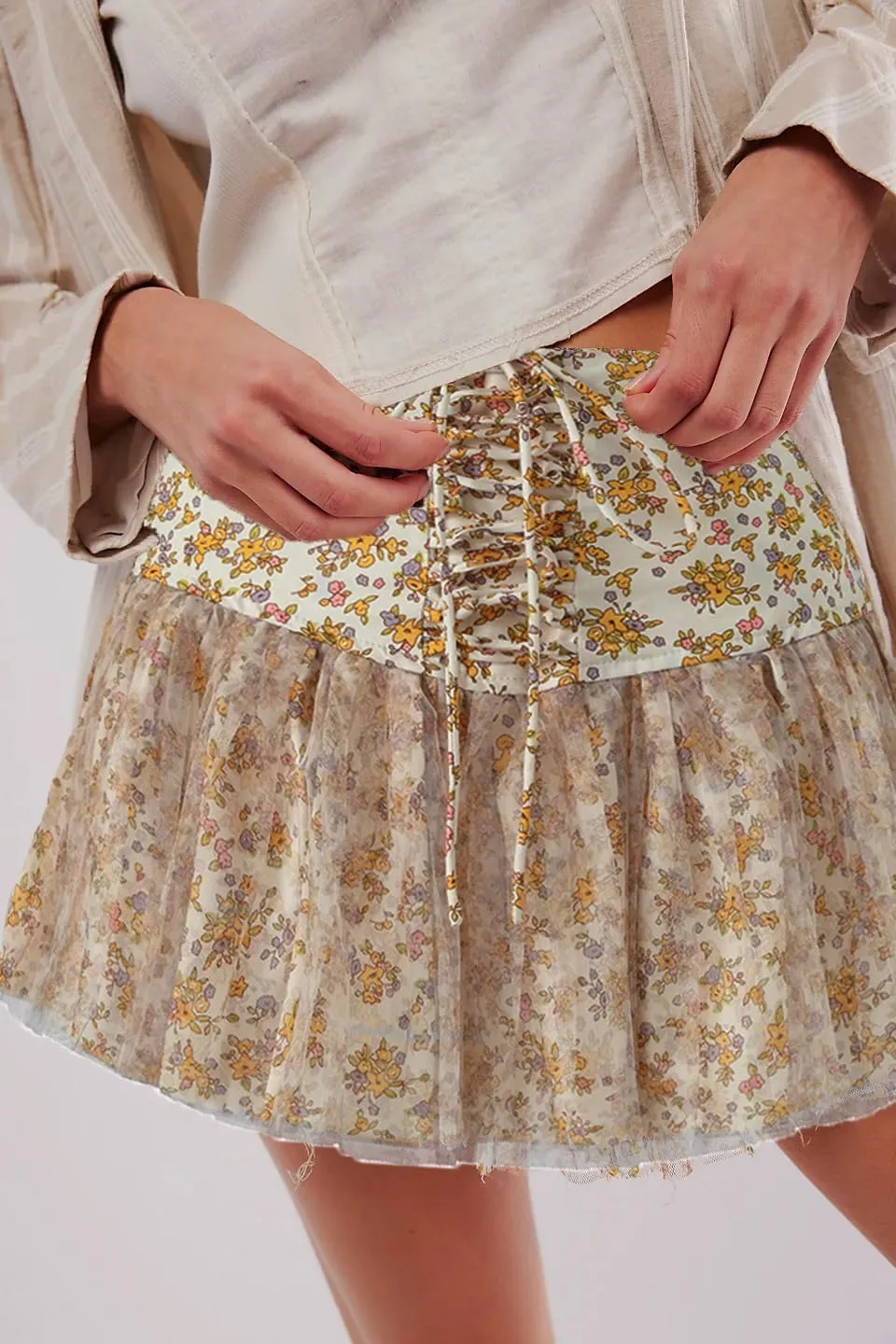 Women's Fashion Pleated Mini Skirts Y2k Floral Print Cross Tie-Up High Waist Short Skirts Summer Casual Skirts