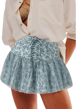 Women's Fashion Pleated Mini Skirts Y2k Floral Print Cross Tie-Up High Waist Short Skirts Summer Casual Skirts