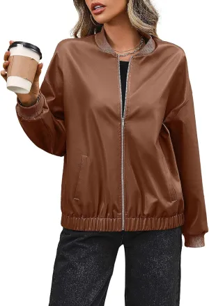 Women's Faux Leather Bomber Shacket Jackets Vintage Biker Racing Moto Varsity PU Leather Jackets