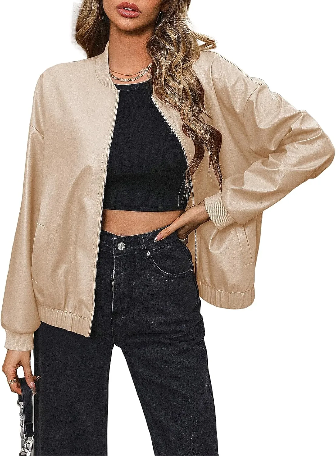 Women's Faux Leather Bomber Shacket Jackets Vintage Biker Racing Moto Varsity PU Leather Jackets