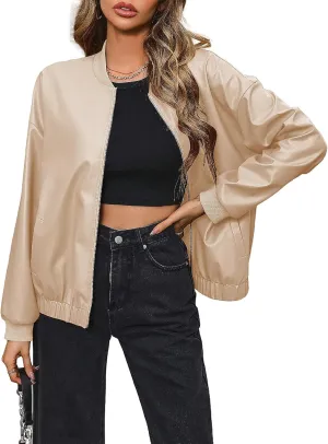 Women's Faux Leather Bomber Shacket Jackets Vintage Biker Racing Moto Varsity PU Leather Jackets