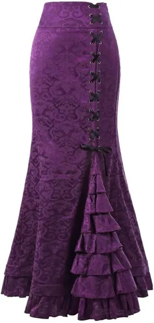 Women's Fishtail Ruffle Skirt Retro High Waist Bodycon Mermaid Long Skirts Elegant Lace Up Evening Party Dress