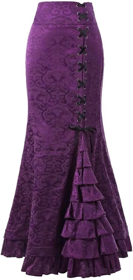 Women's Fishtail Ruffle Skirt Retro High Waist Bodycon Mermaid Long Skirts Elegant Lace Up Evening Party Dress