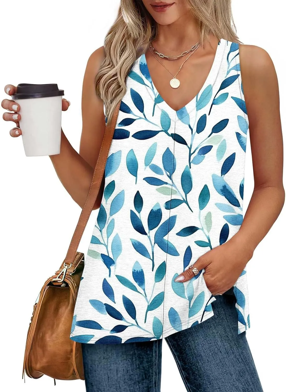 Womens Floral Print Beach Tank Tops V Neck Loose Fit Basic Tees Casual Summer Tops Side Split Sleeveless Shirts