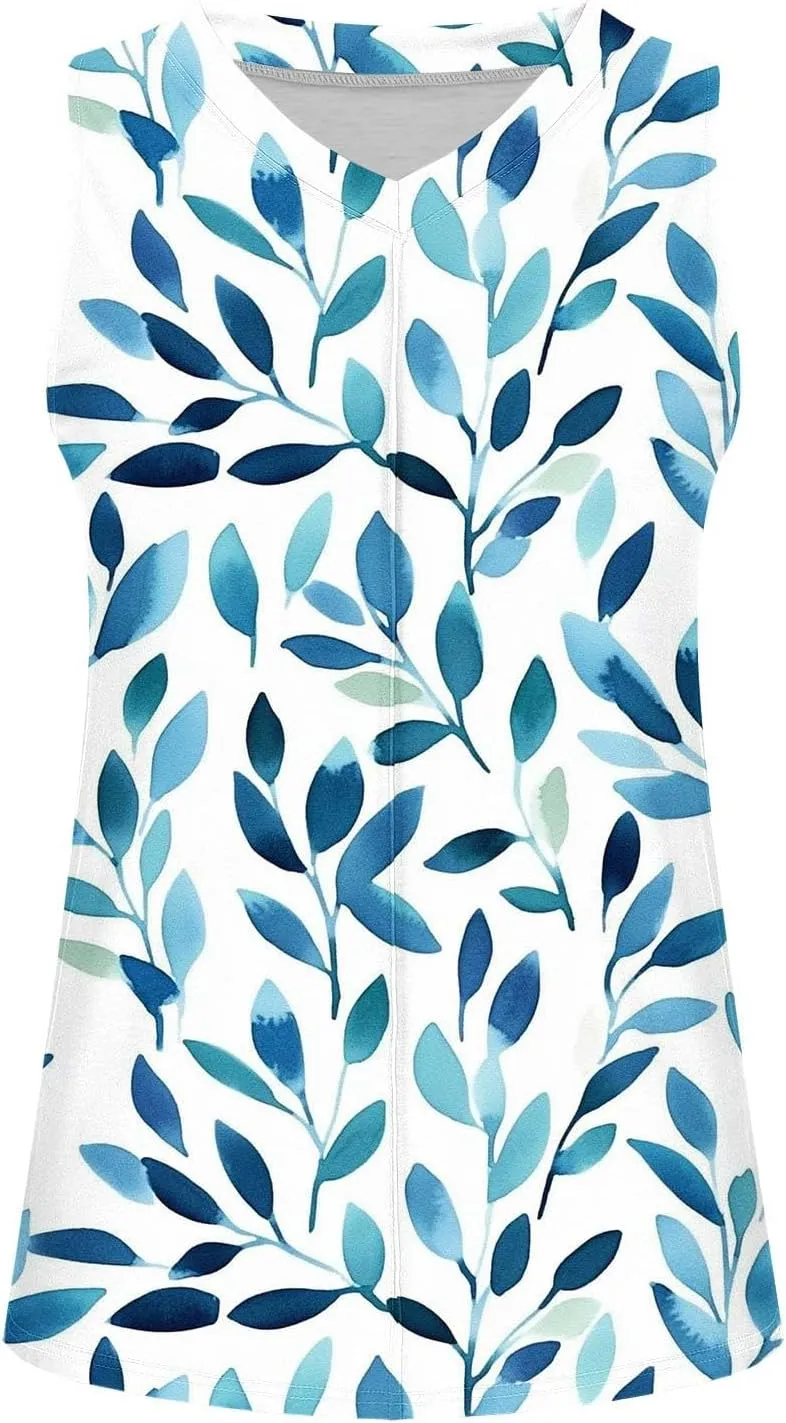 Womens Floral Print Beach Tank Tops V Neck Loose Fit Basic Tees Casual Summer Tops Side Split Sleeveless Shirts