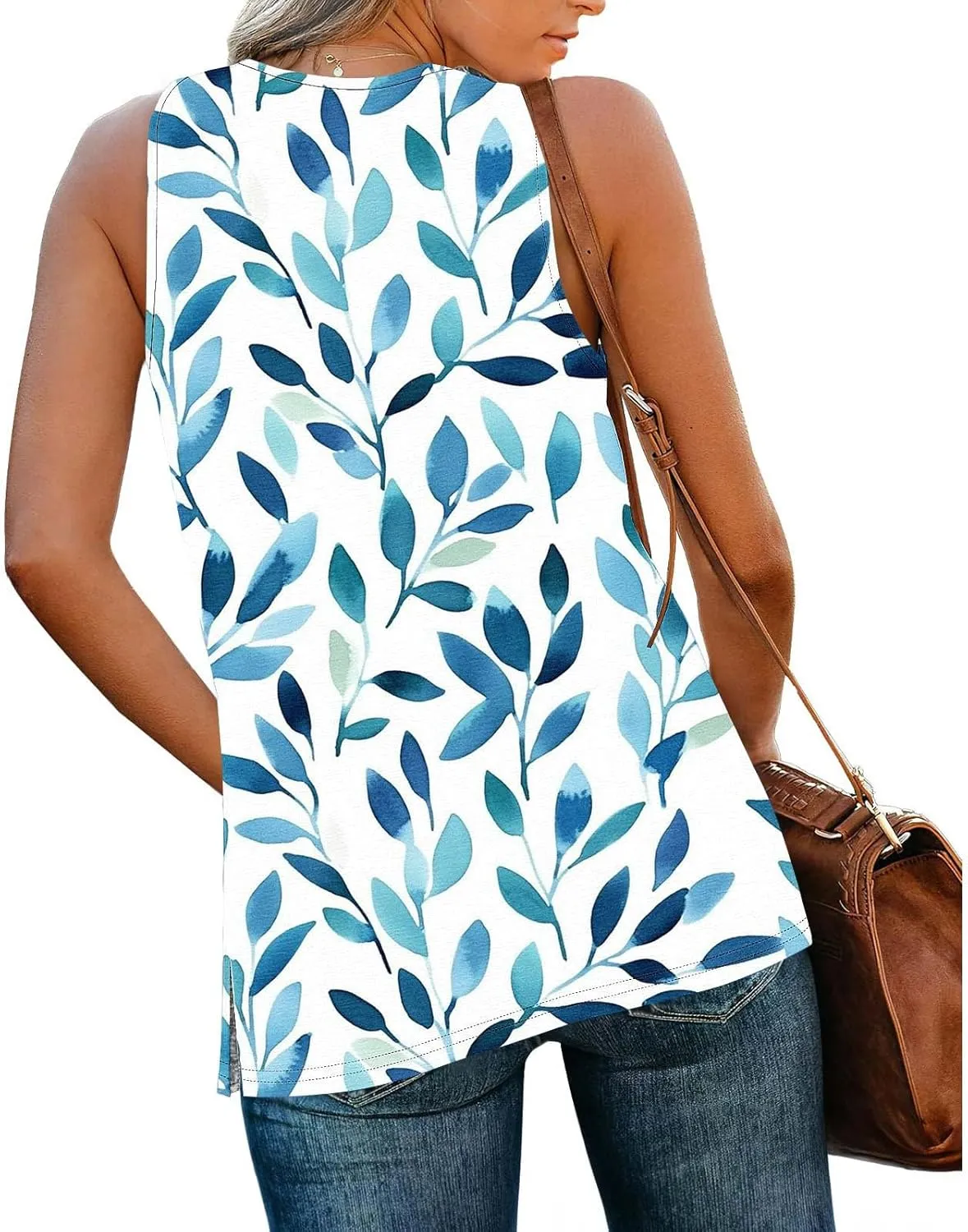 Womens Floral Print Beach Tank Tops V Neck Loose Fit Basic Tees Casual Summer Tops Side Split Sleeveless Shirts