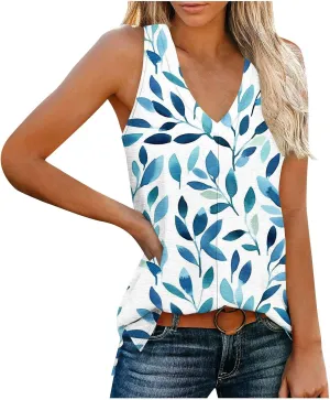 Womens Floral Print Beach Tank Tops V Neck Loose Fit Basic Tees Casual Summer Tops Side Split Sleeveless Shirts