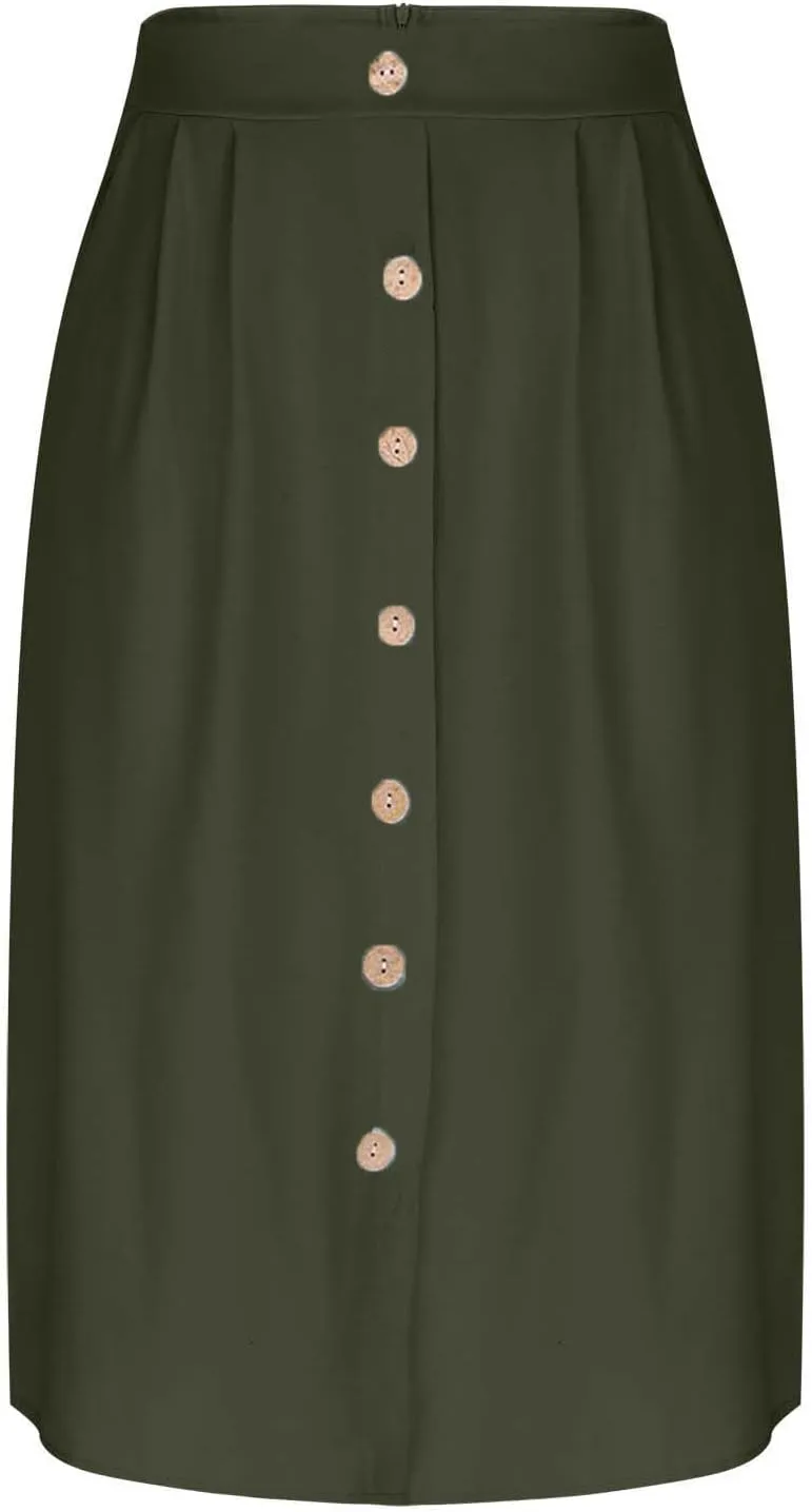 Womens Flowy Pleated Skirts A Line Elastic High Waisted Button Decor Midi Skirt Boho Casual Long Skirts with Pockets