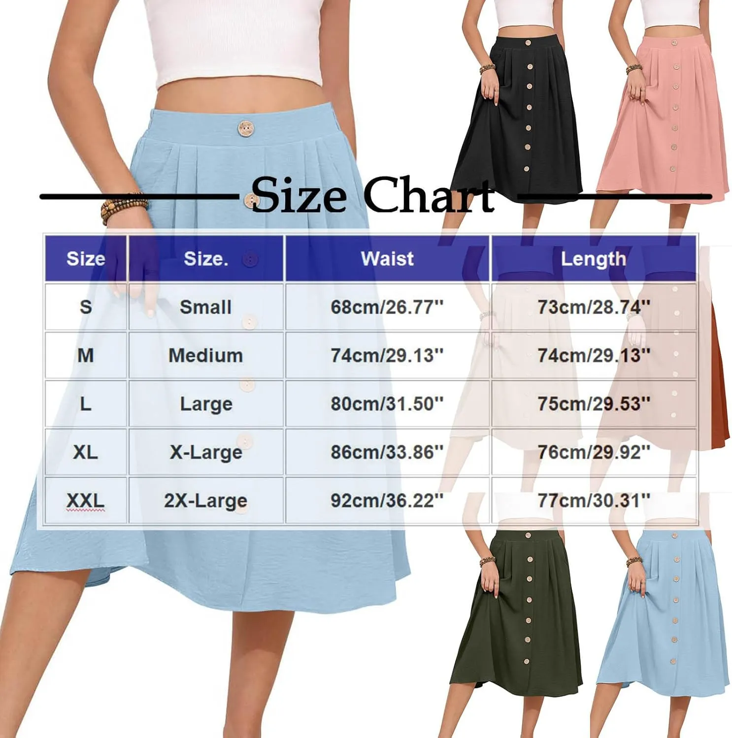 Womens Flowy Pleated Skirts A Line Elastic High Waisted Button Decor Midi Skirt Boho Casual Long Skirts with Pockets