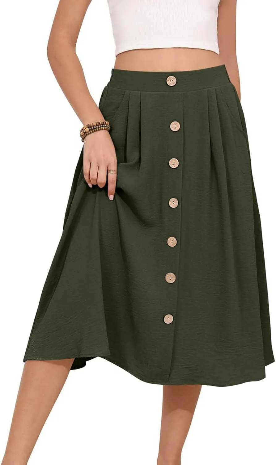 Womens Flowy Pleated Skirts A Line Elastic High Waisted Button Decor Midi Skirt Boho Casual Long Skirts with Pockets