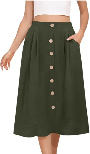 Womens Flowy Pleated Skirts A Line Elastic High Waisted Button Decor Midi Skirt Boho Casual Long Skirts with Pockets