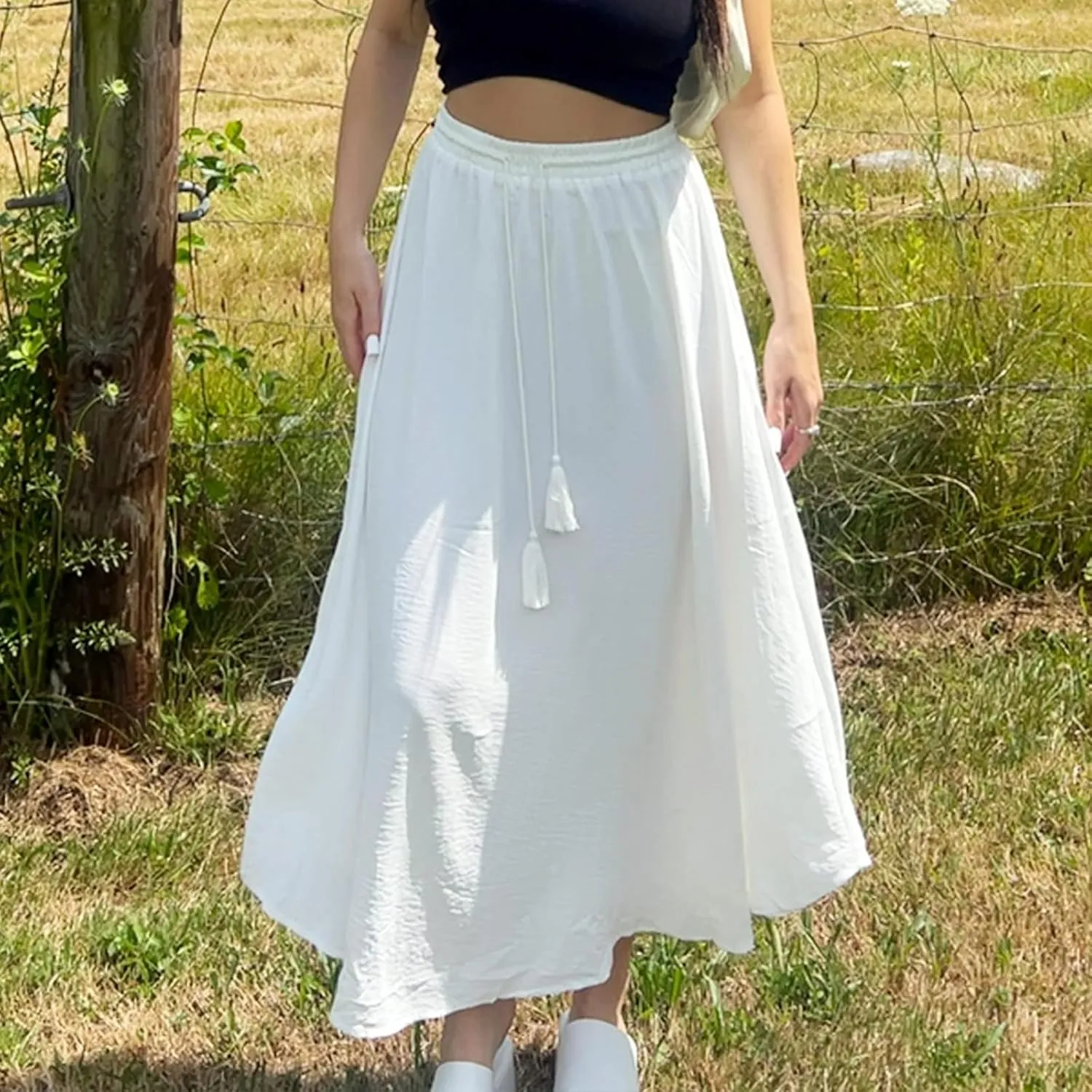 Womens Flowy Skirts Elastic High Waist A-Line Skirt Bohemia Casual Beach Long Skirts Summer Trendy Vacation Dress